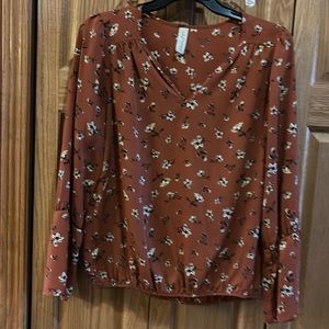 Large Allison Joy Blouse, caramel with cream, tan and black flowers.
